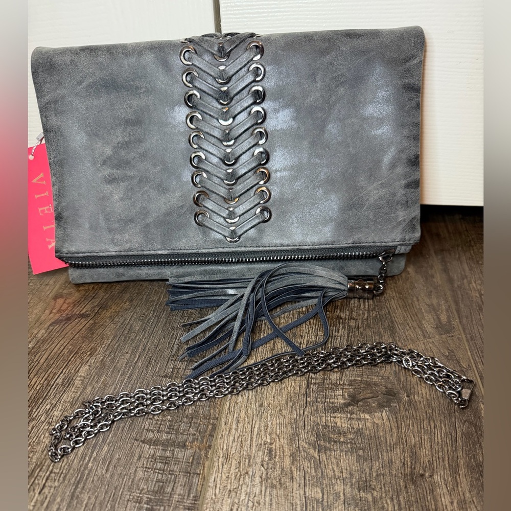 NWT Chic Gray Faux Leather Lace-Up Crossbody Bag with Chain Strap